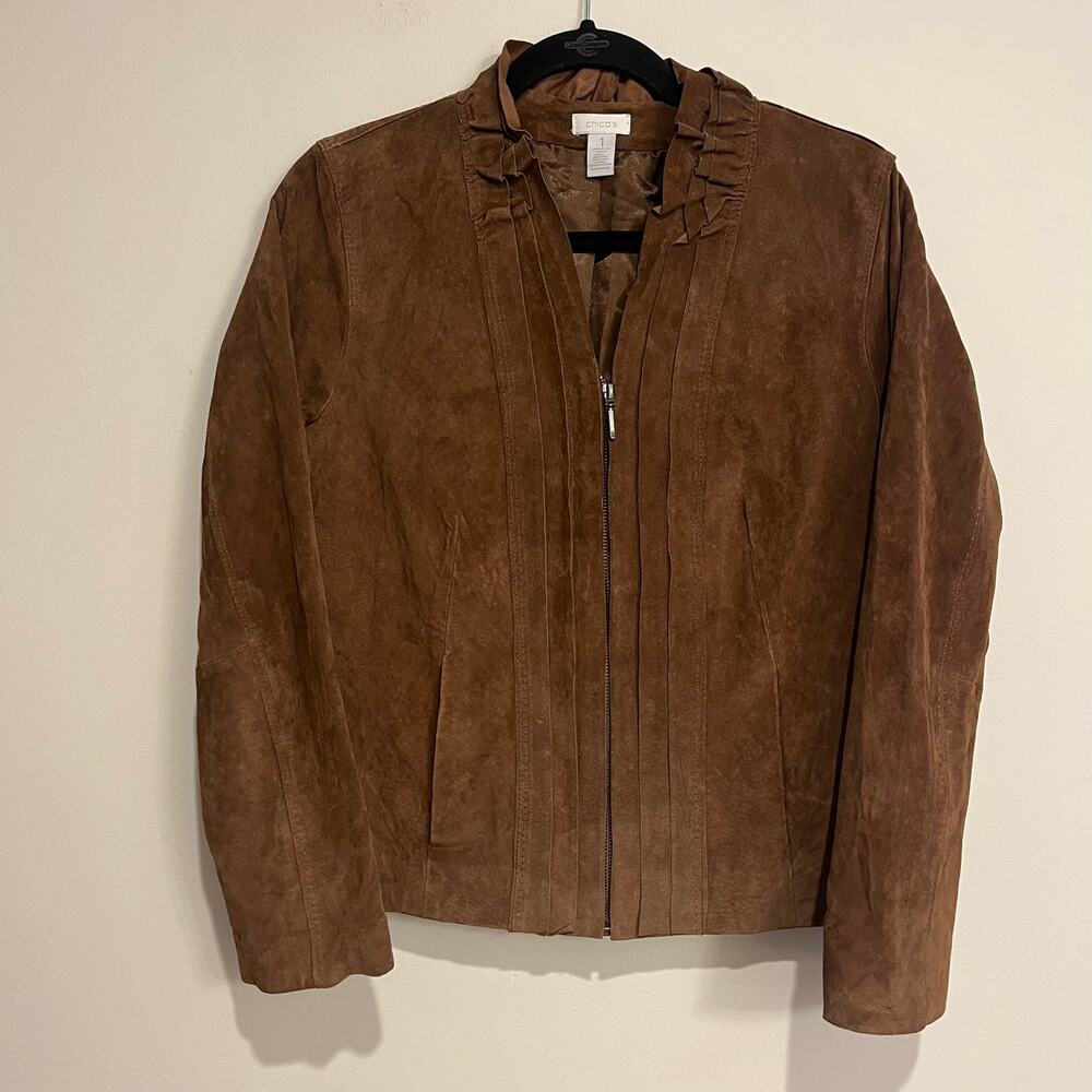 Chico's Jacket Suede Leather Ruffle Neckline Brown Carmel Size‎ 1 (US Medium)